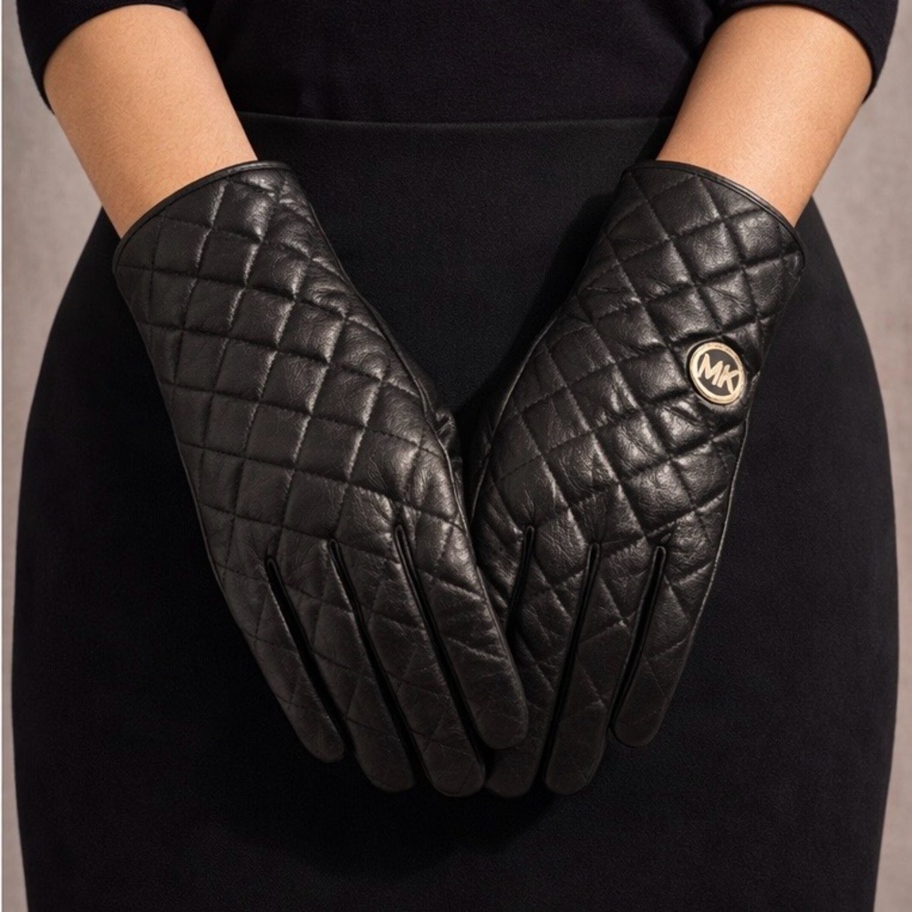Michael Kors Quilted Black Leather Gloves with MK Logo
